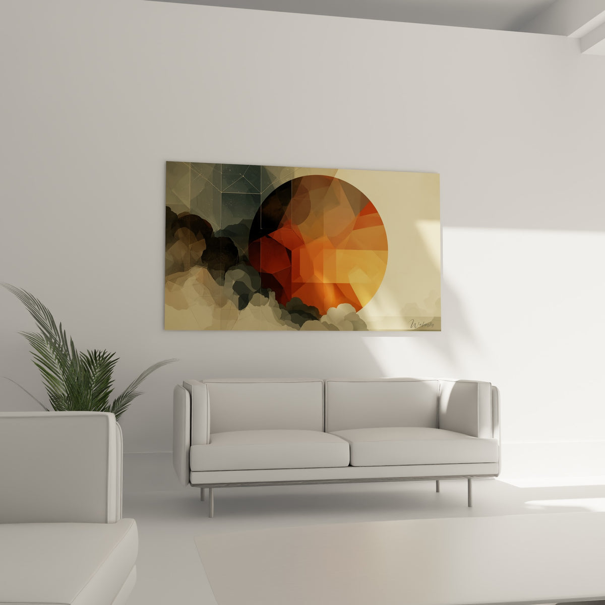 Astre géométrique ocre et anthracite entouré de brume accroché au-dessus d'un canapé dans un salon lumineux