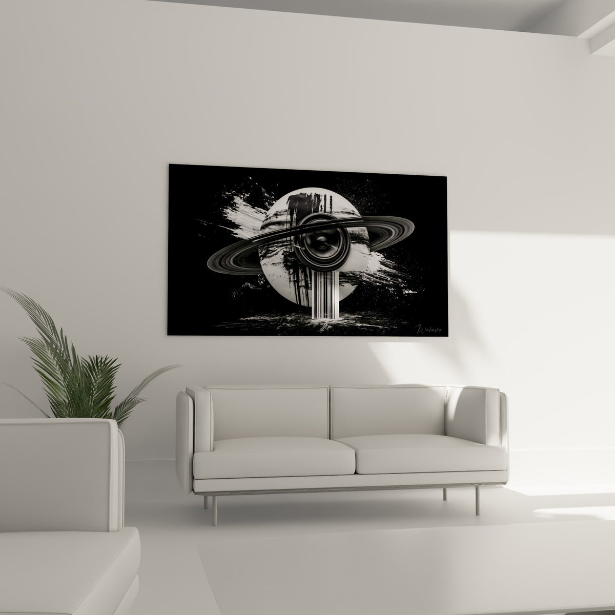 Astre noir et blanc traversé d'éclats lumineux, accroché au-dessus d'un canapé dans un salon lumineux