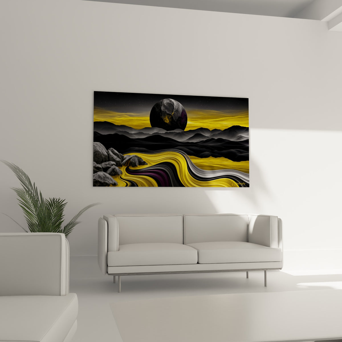 Astre sombre et flux doré de ce tableau Planète décorent un salon lumineux au-dessus d'un canapé
