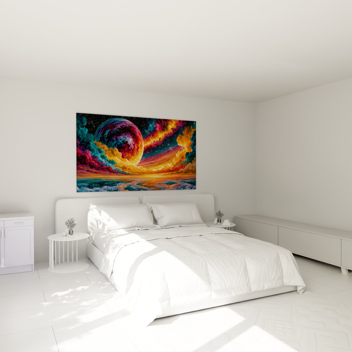 Astre incandescent rouge et bleu turquoise au-dessus d'un lit dans une chambre claire