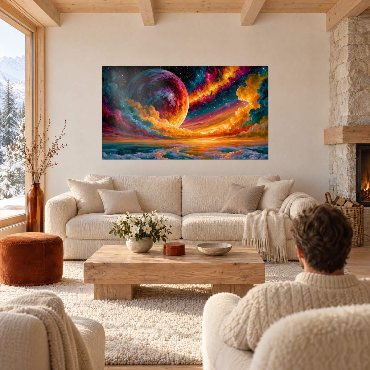Tableau planète pourpre et turquoise au-dessus d'une mer d'écume, nuages ocre, deux personnes de dos, au-dessus d'un canapé dans un salon lumineux
