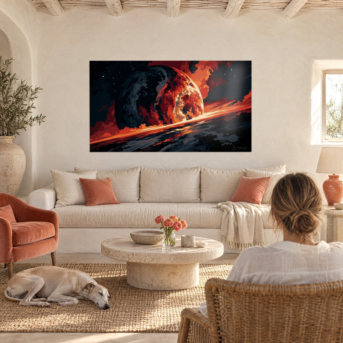 Wall art incandescent globe with orange flames and anthracite black background, pale streak, two gazes, greyhound, above a sofa in a bright living room