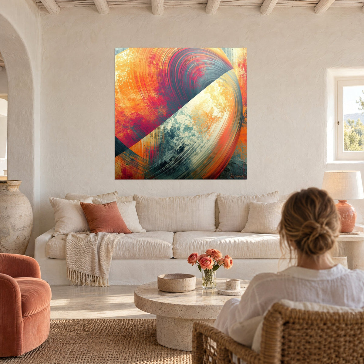 Gemälde Kugel in Orange und Anthrazit als Spirale, himbeerrosa Streifen, eine Frau von hinten, über einem Sofa in einem hellen Wohnzimmer