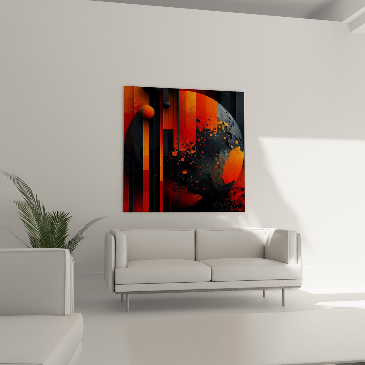 Astre incandescent orange et gris anthracite à la surface craquelée, au-dessus d'un canapé dans un salon lumineux