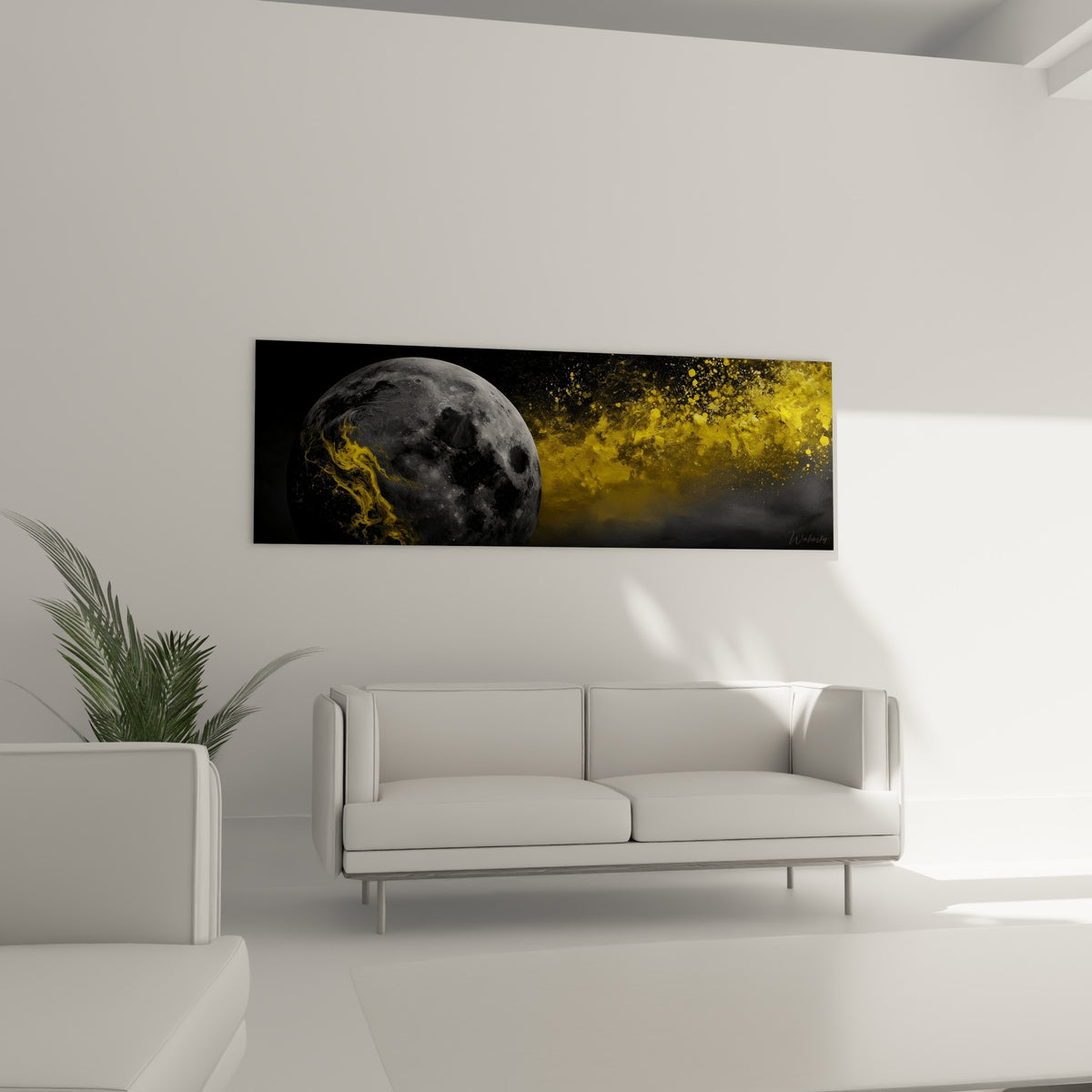 Surface lunaire anthracite éclaboussée de jaune vif au-dessus d'un canapé dans un salon lumineux