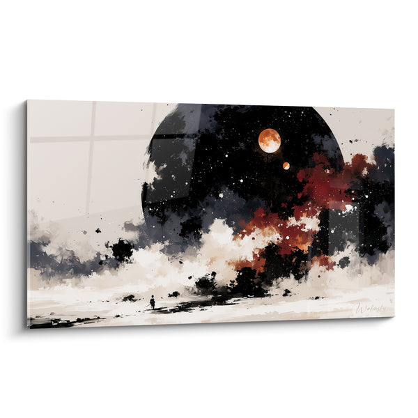 Tableau Sphère noire et rouge aux petites lunes orangées - Silhouette solitaire au sol - Edition Planète