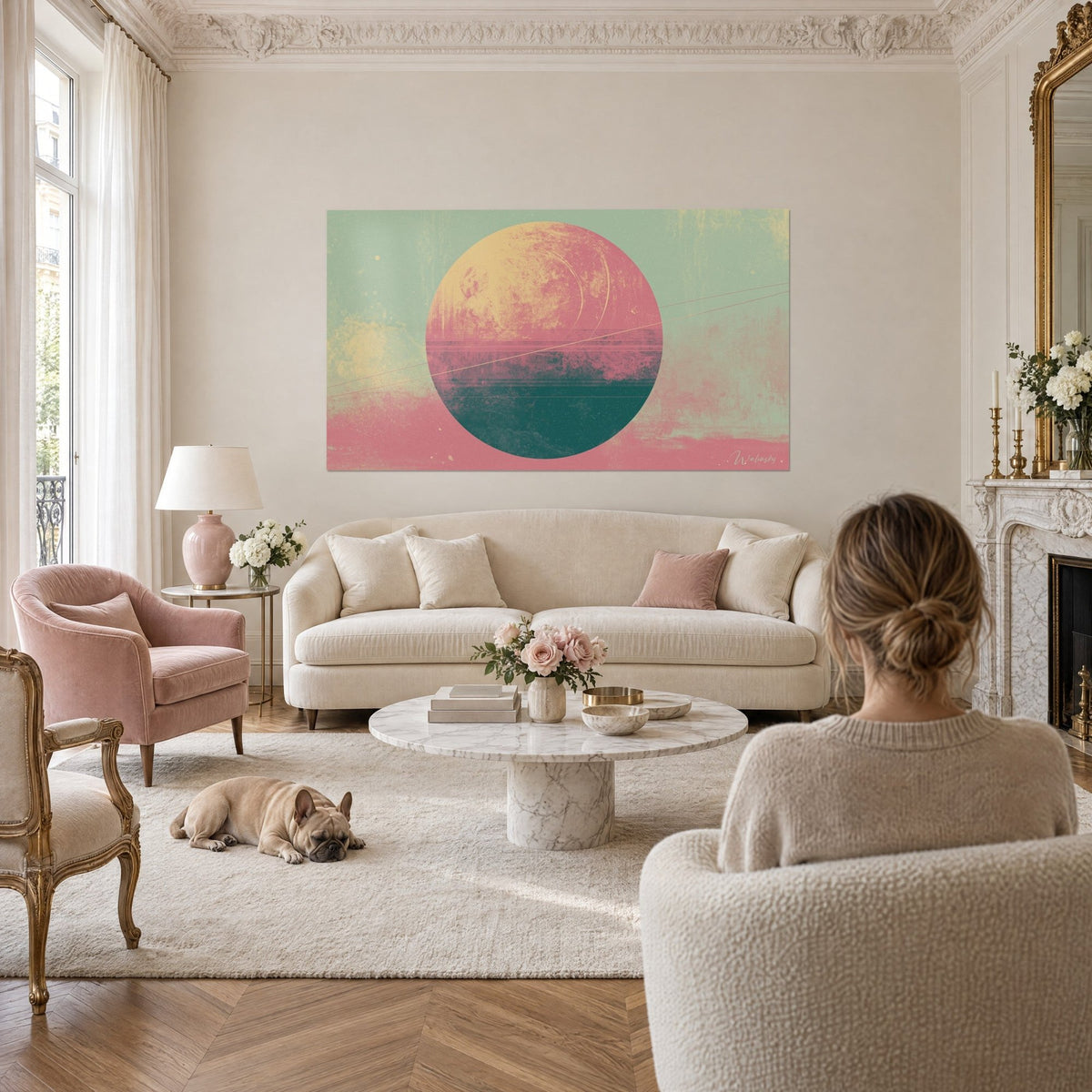 Gemälde Planet in Rosa und sandigem Gelb, feine schräge Linien auf meergrünem Grund, über einem Sofa in einem hellen Wohnzimmer