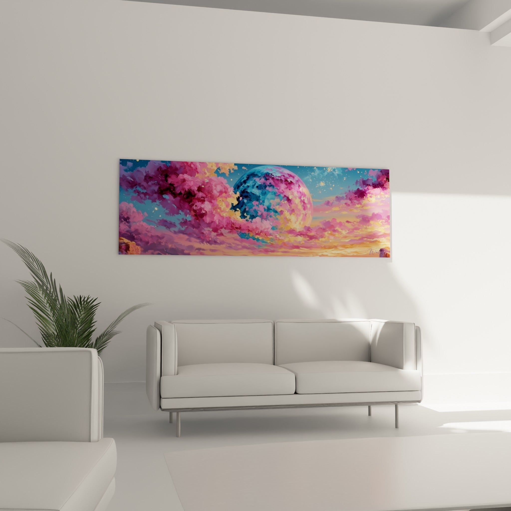 Planète turquoise et fuchsia nimbée de brume dorée au-dessus d'un canapé dans un salon lumineux