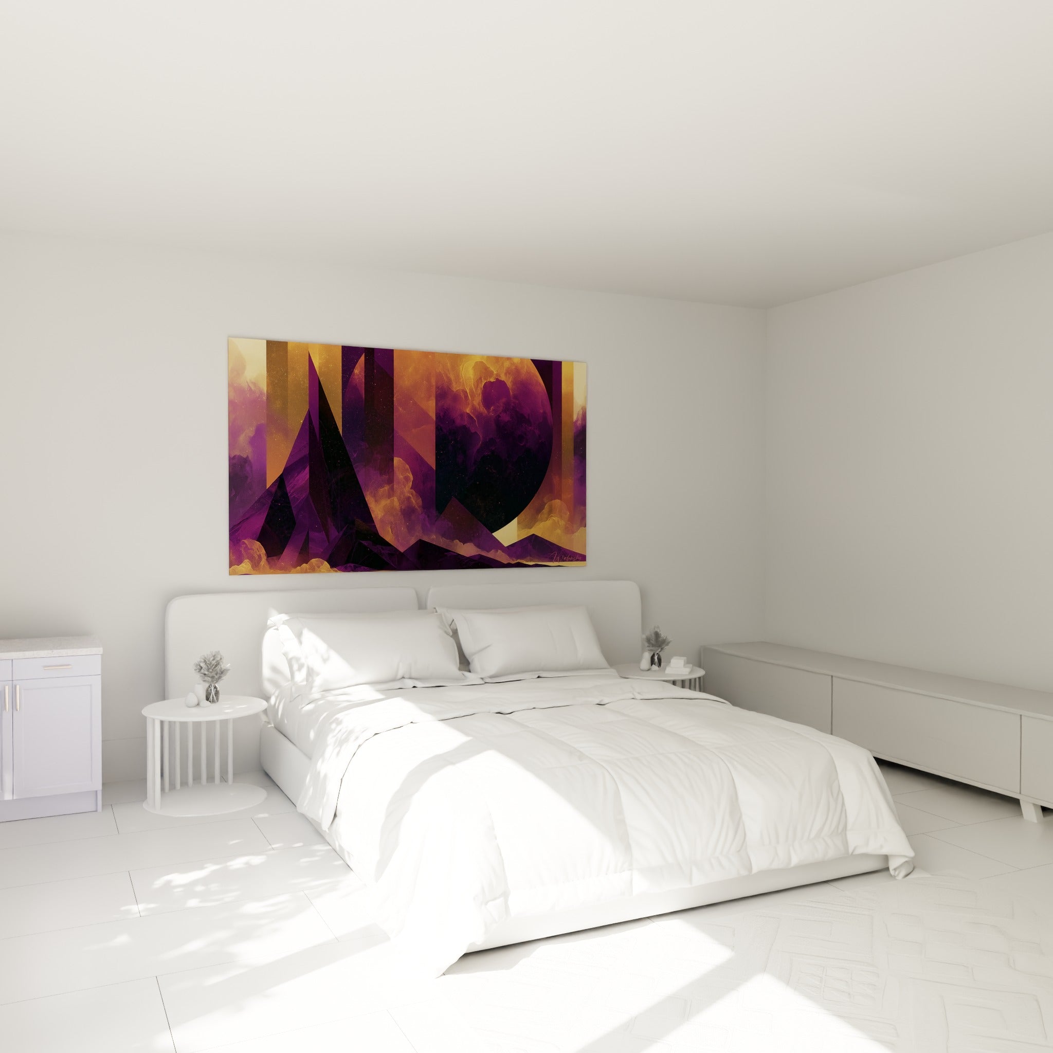 Sphère céleste orangée et montagnes anthracite du tableau Planète au-dessus d'un lit dans une chambre claire