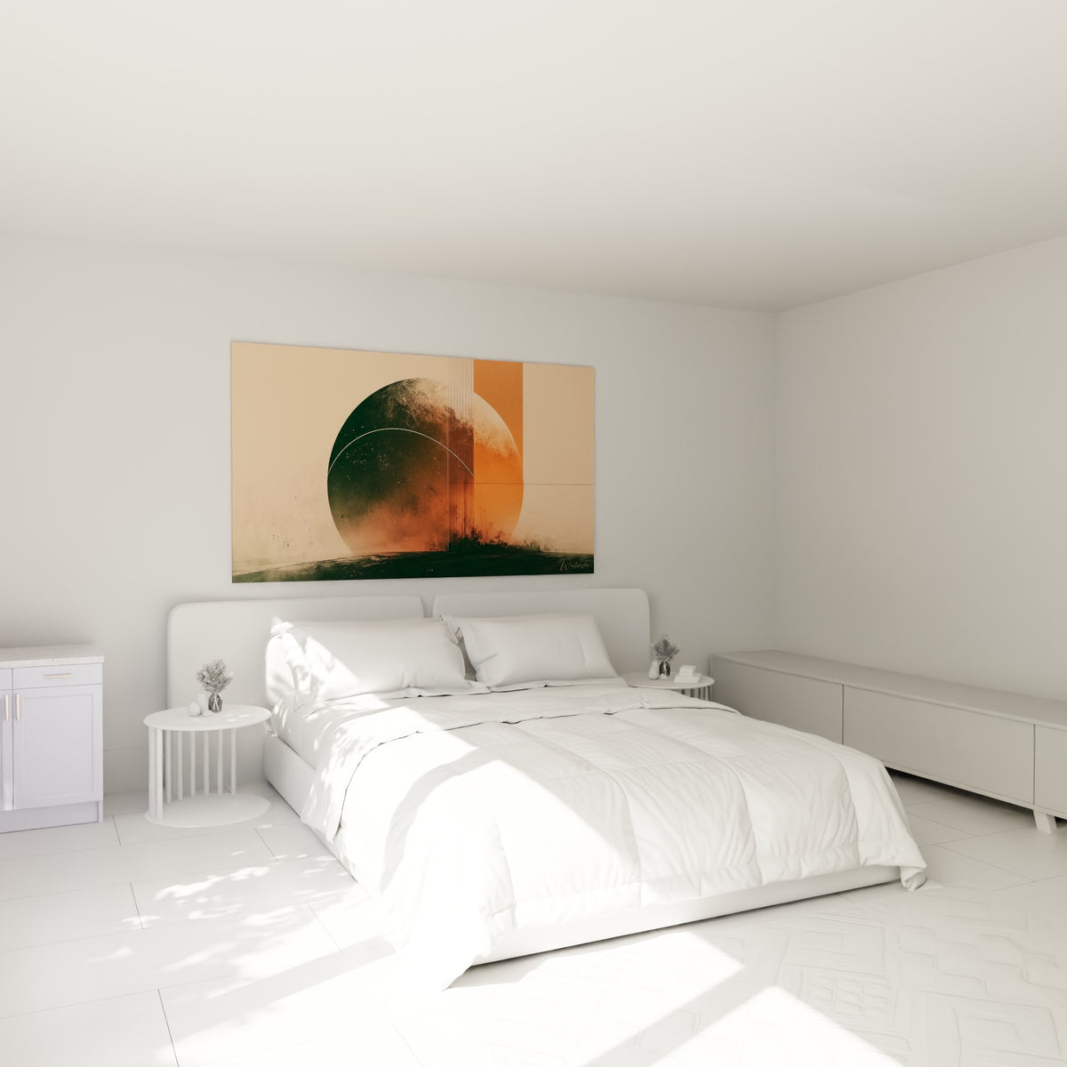 Astre planète orangé et anthracite suspendu au-dessus d'un lit dans une chambre claire