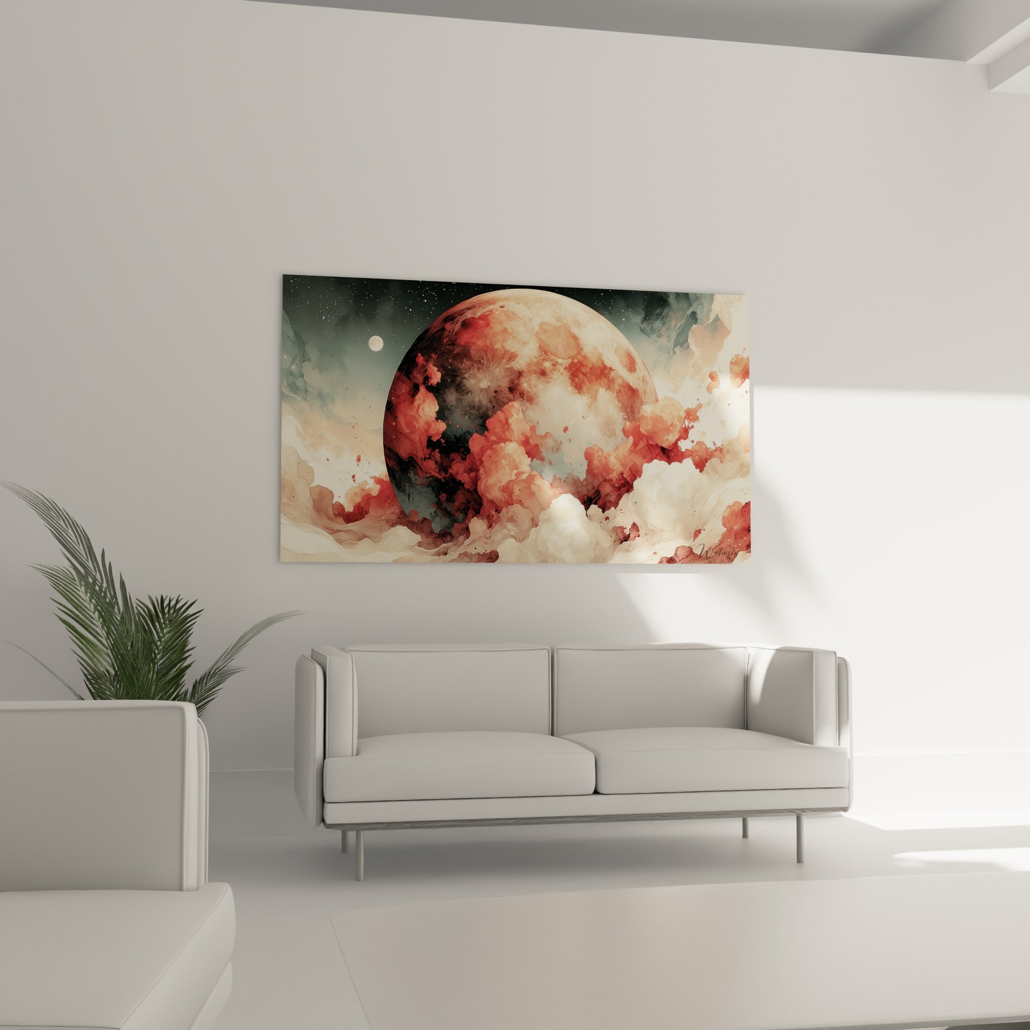 Astre orangé entouré de volutes nacrées, tableau Planète au-dessus d'un canapé dans un salon lumineux