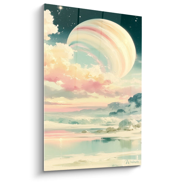 Tableau Planète géante rosée survolant un rivage crème - Lever d'un monde - Edition Planète
