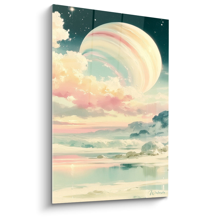 Tableau Planète géante rosée survolant un rivage crème - Lever d'un monde - Edition Planète