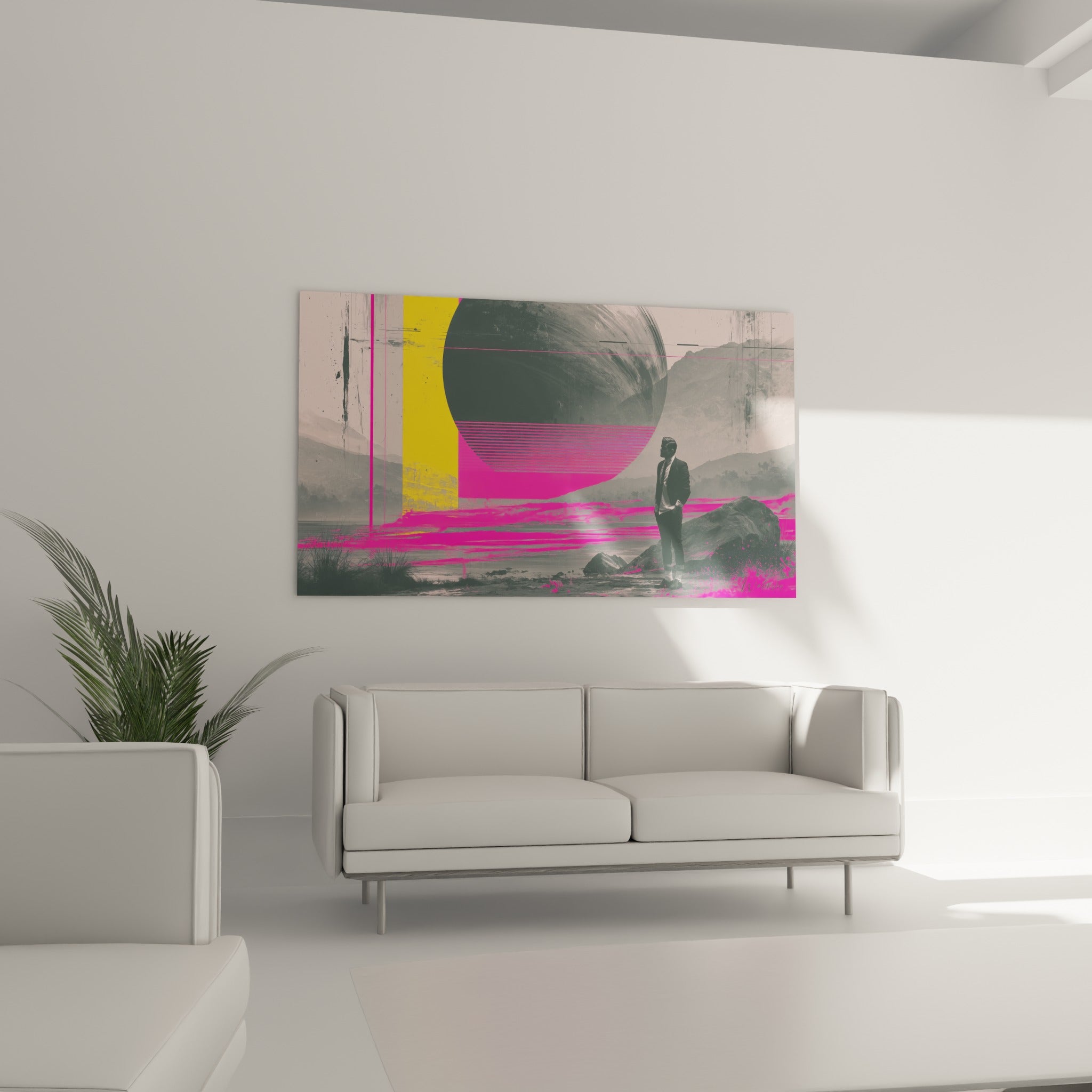 Astre anthracite strié de fuchsia dominant un paysage rosé, tableau Planète au-dessus d'un canapé dans un salon lumineux