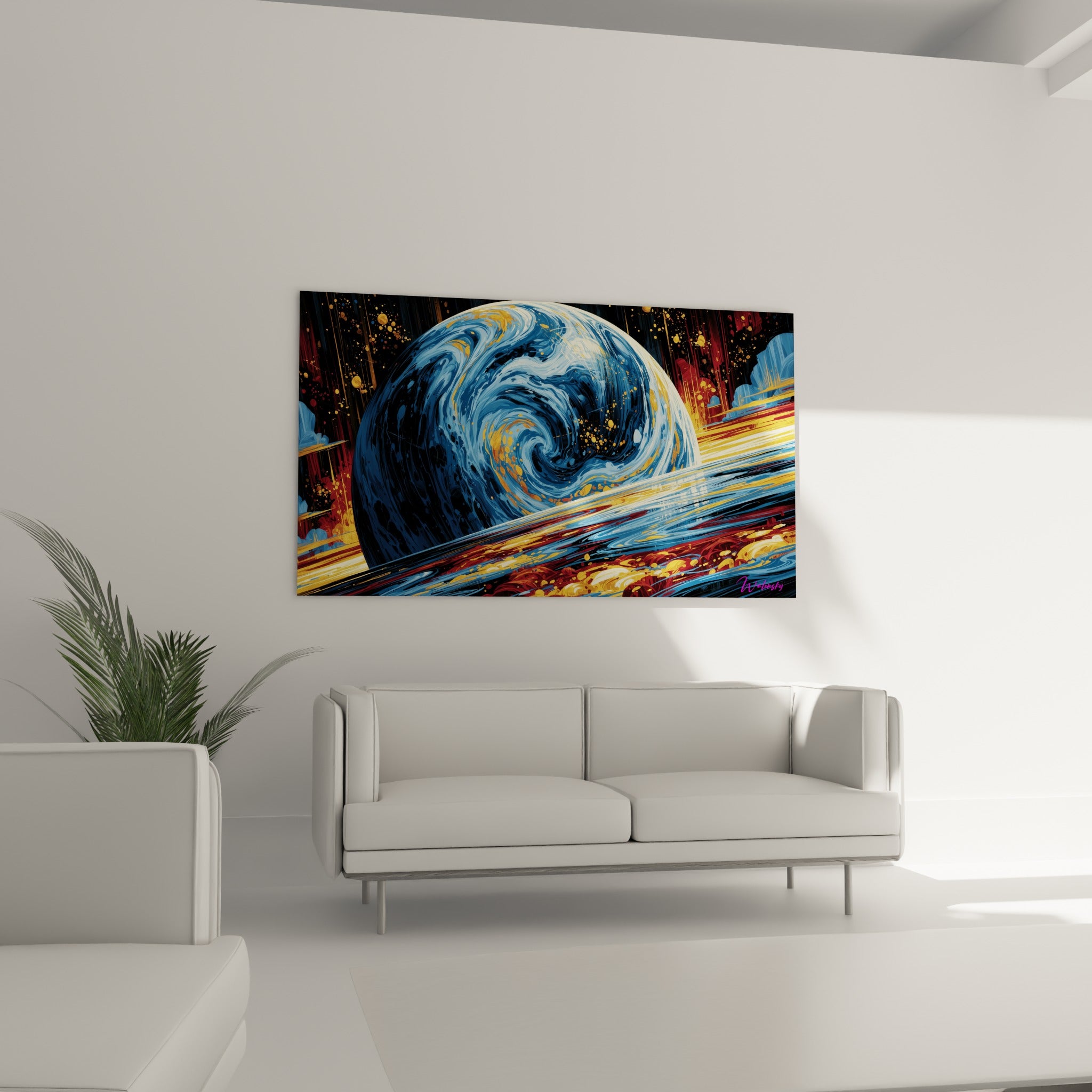 Astre tourbillonnant bleu marine et or accroché au-dessus d'un canapé dans un salon lumineux