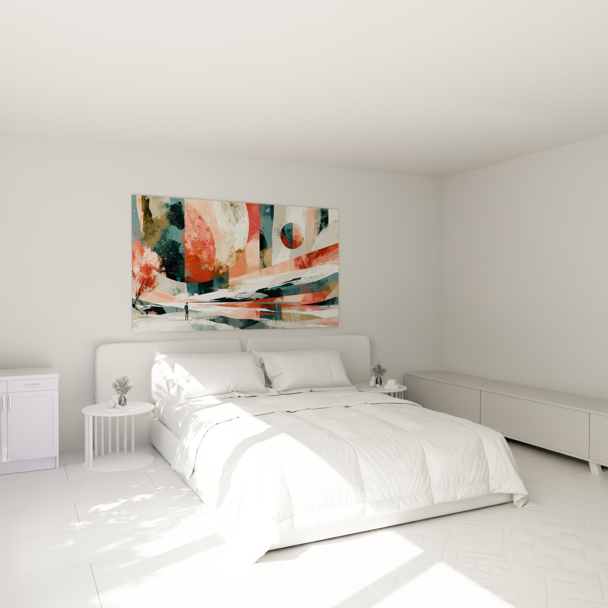 Personnage solitaire devant des astres corail et anthracite, tableau Planète au-dessus d'un lit dans une chambre claire