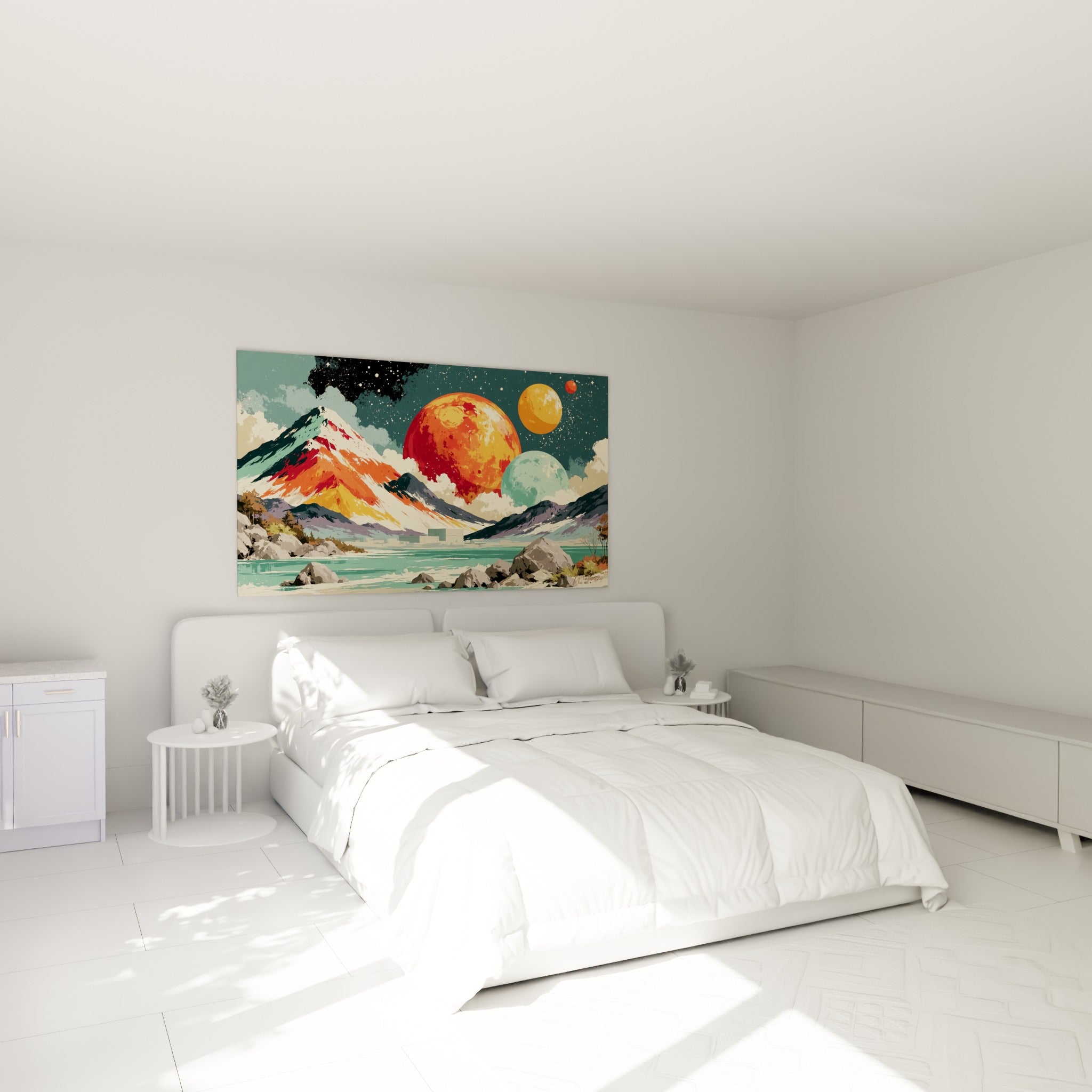 Sphères orange et menthe dominant une montagne volcanique, accrochées au-dessus d'un lit dans une chambre claire