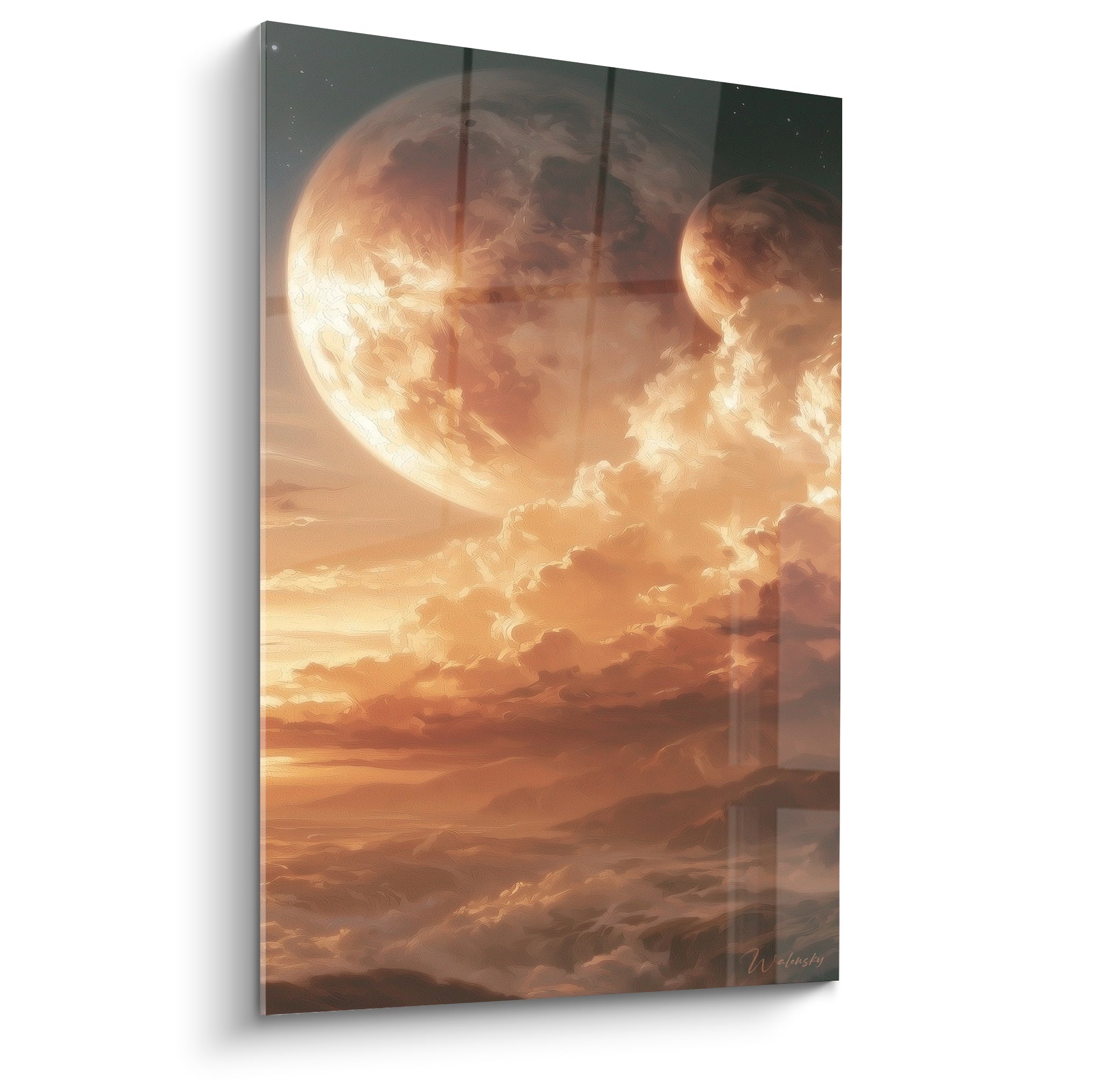 Deux planètes dorées et anthracite flottent au-dessus de nuages embrasés, style peinture à l'huile
