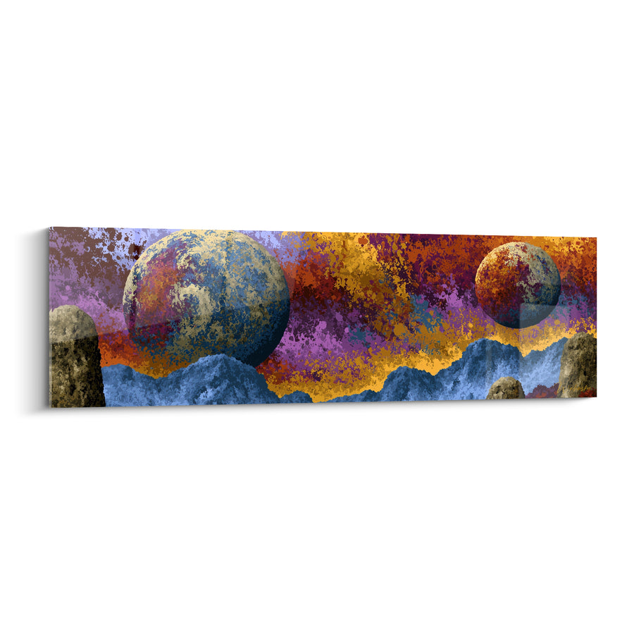 Tableau Deux planètes bleues et dorées sur montagnes acérées - Rochers sculptés isolés - Edition Planète
