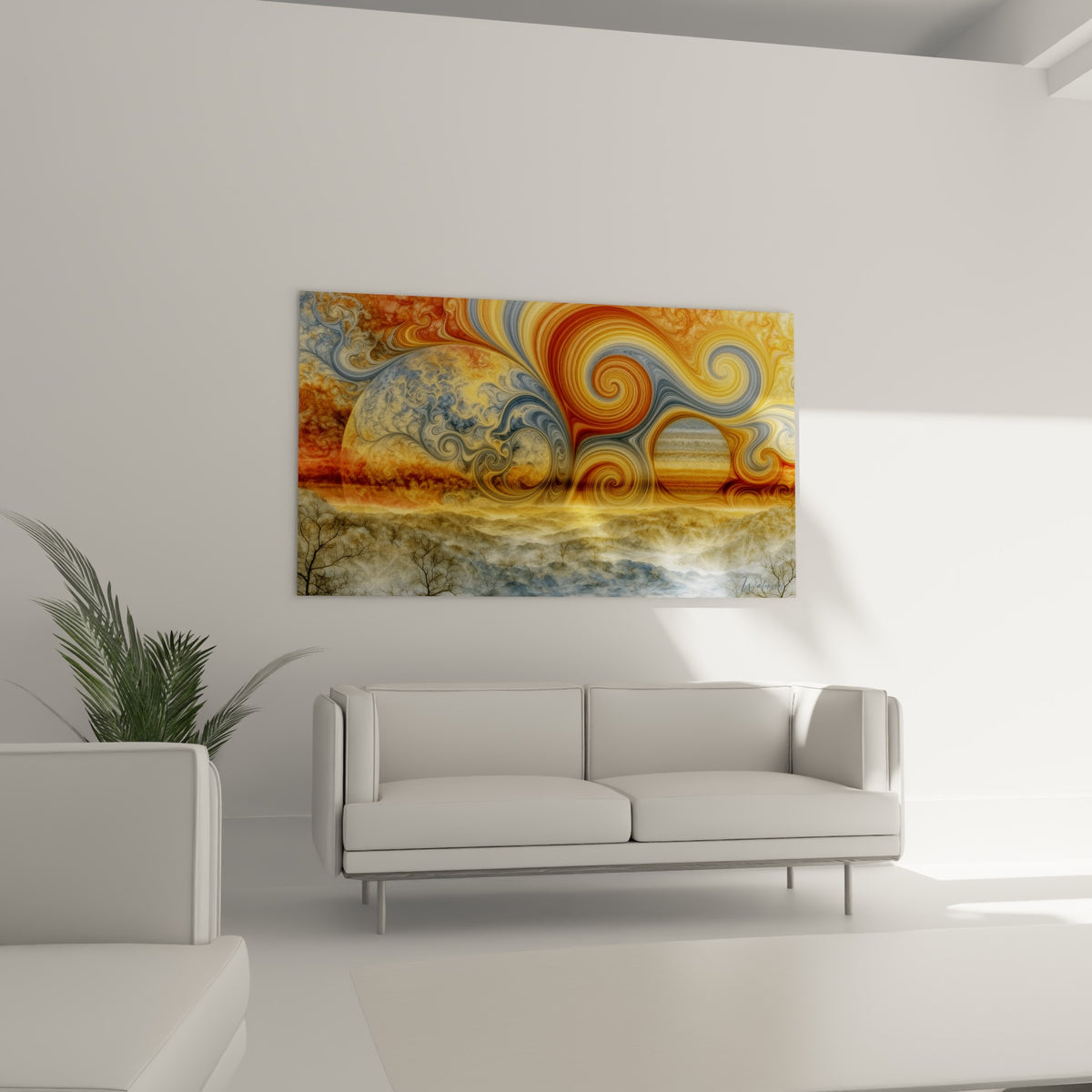 Astres tourbillonnants terracotta et anthracite de la Planète au-dessus d'un canapé dans un salon lumineux