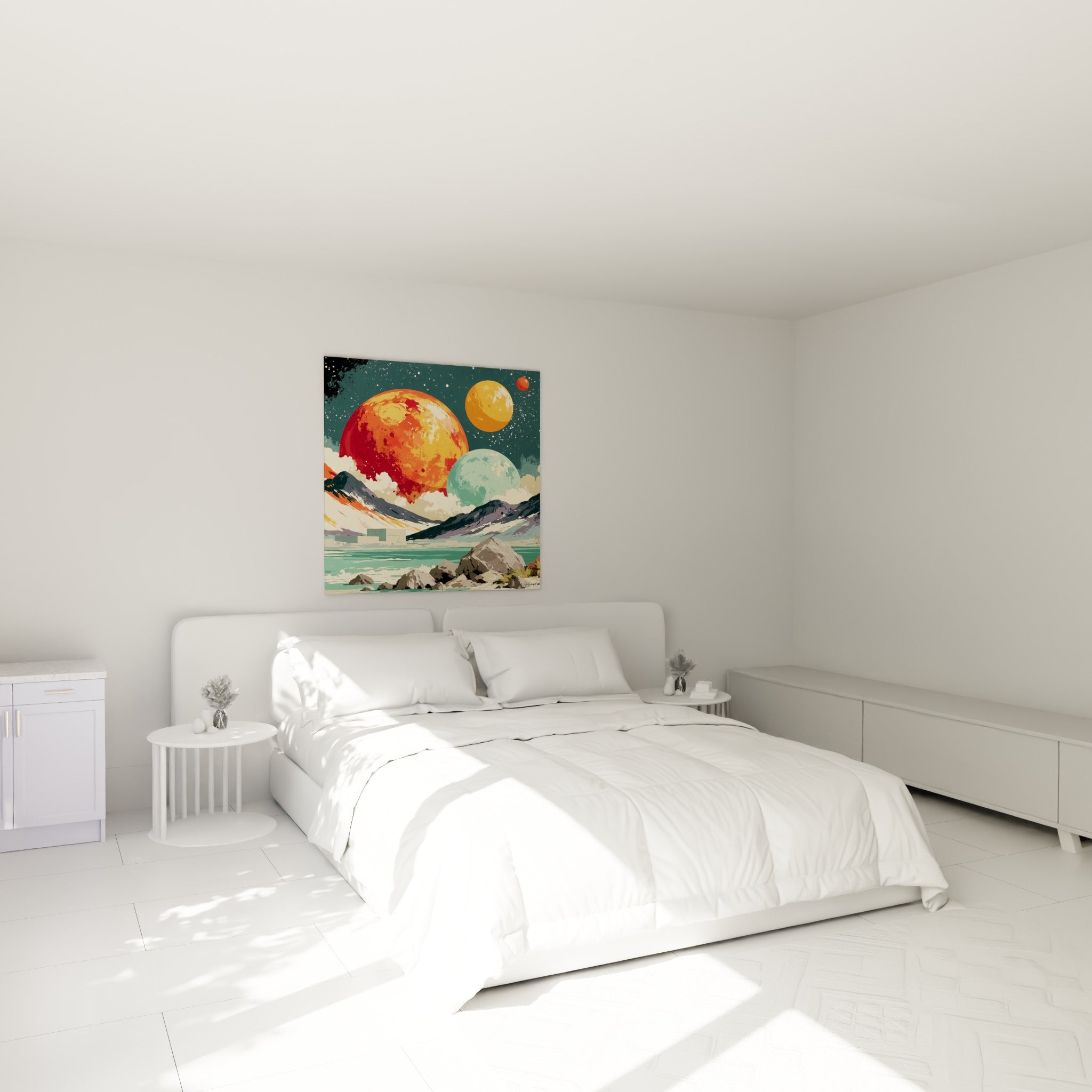 Astres orange, ambre et vert d'eau surplombent un lac émeraude, accrochés au-dessus d'un lit dans une chambre claire.