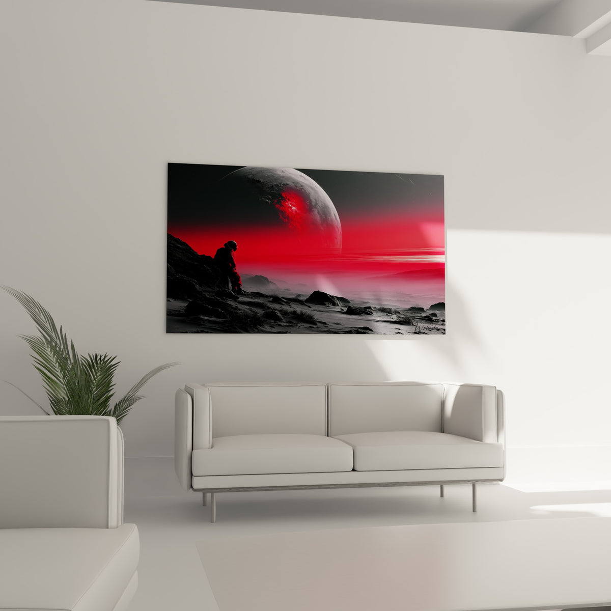 Explorateur spatial face à un astre rouge sang et gris, au-dessus d'un canapé dans un salon lumineux