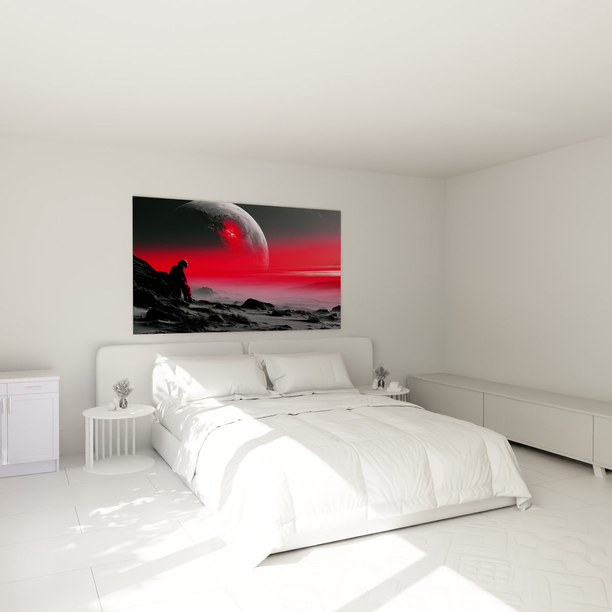 Silhouette d'astronaute contemplant une planète écarlate, au-dessus d'un lit dans une chambre claire