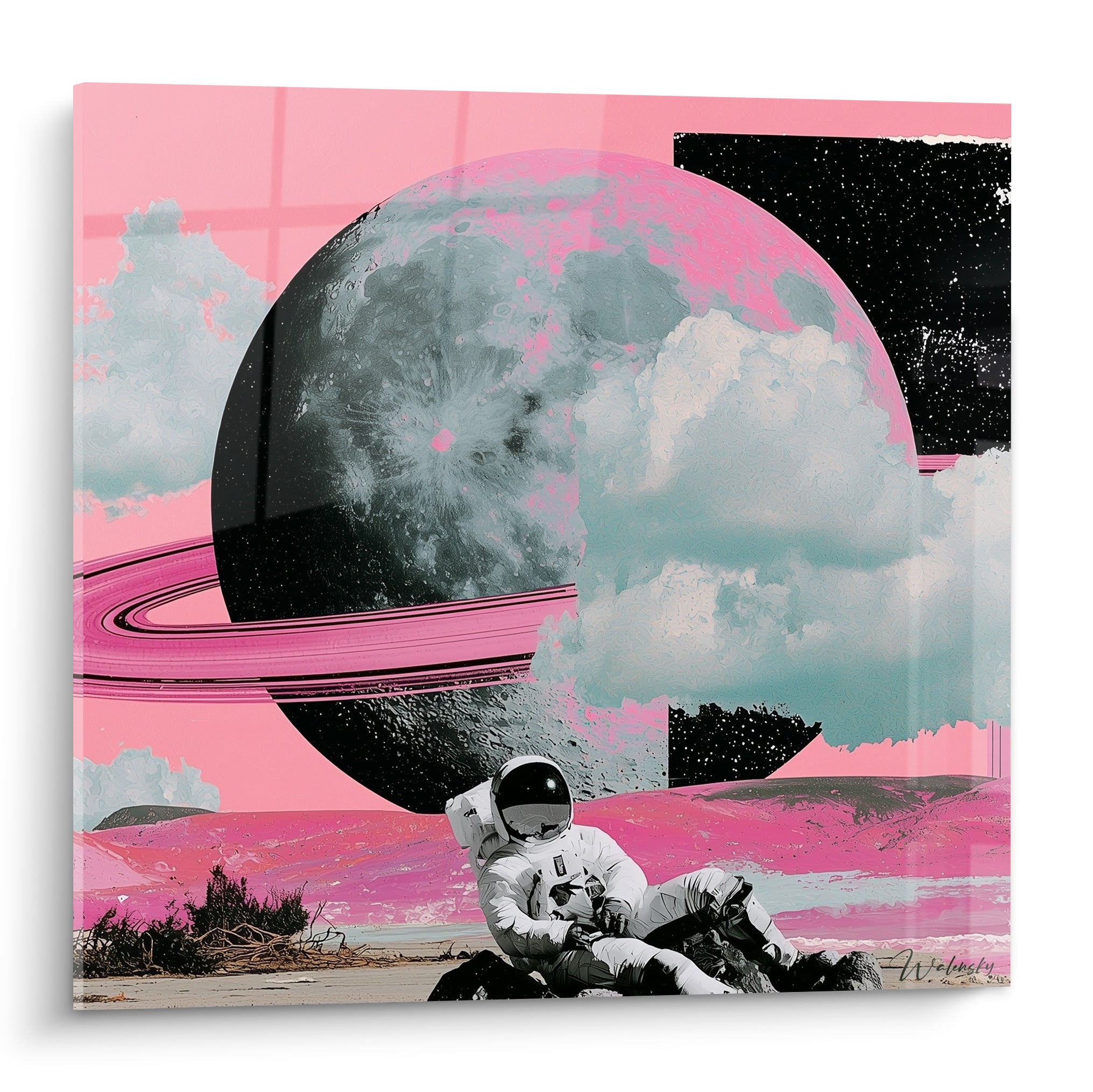Astronaute blanc assis sur rochers noirs face à planète rose et anthracite, style collage