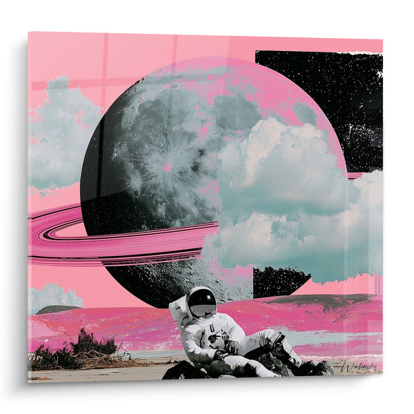Tableau Astronaute assis planète rose et anthracite - Repos cosmique - Edition Planète