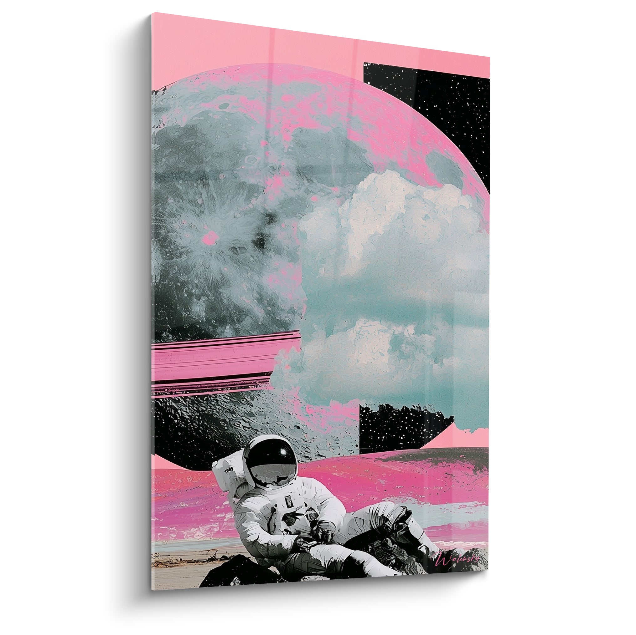 Astronaute allongé sur roche lunaire grise, ciel rose et nuages blancs, tableau Planète pictural.