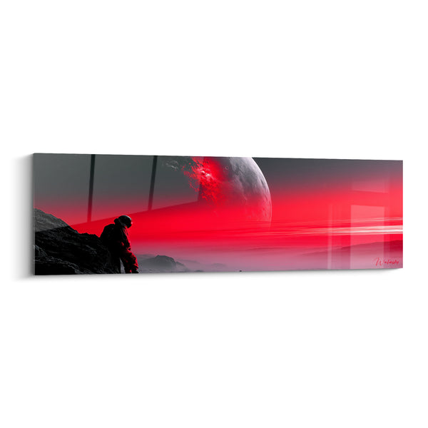 Tableau Astronaute assis planète grise et rouge cratère embrasé - Silhouette casquée accroupie - Edition Planète