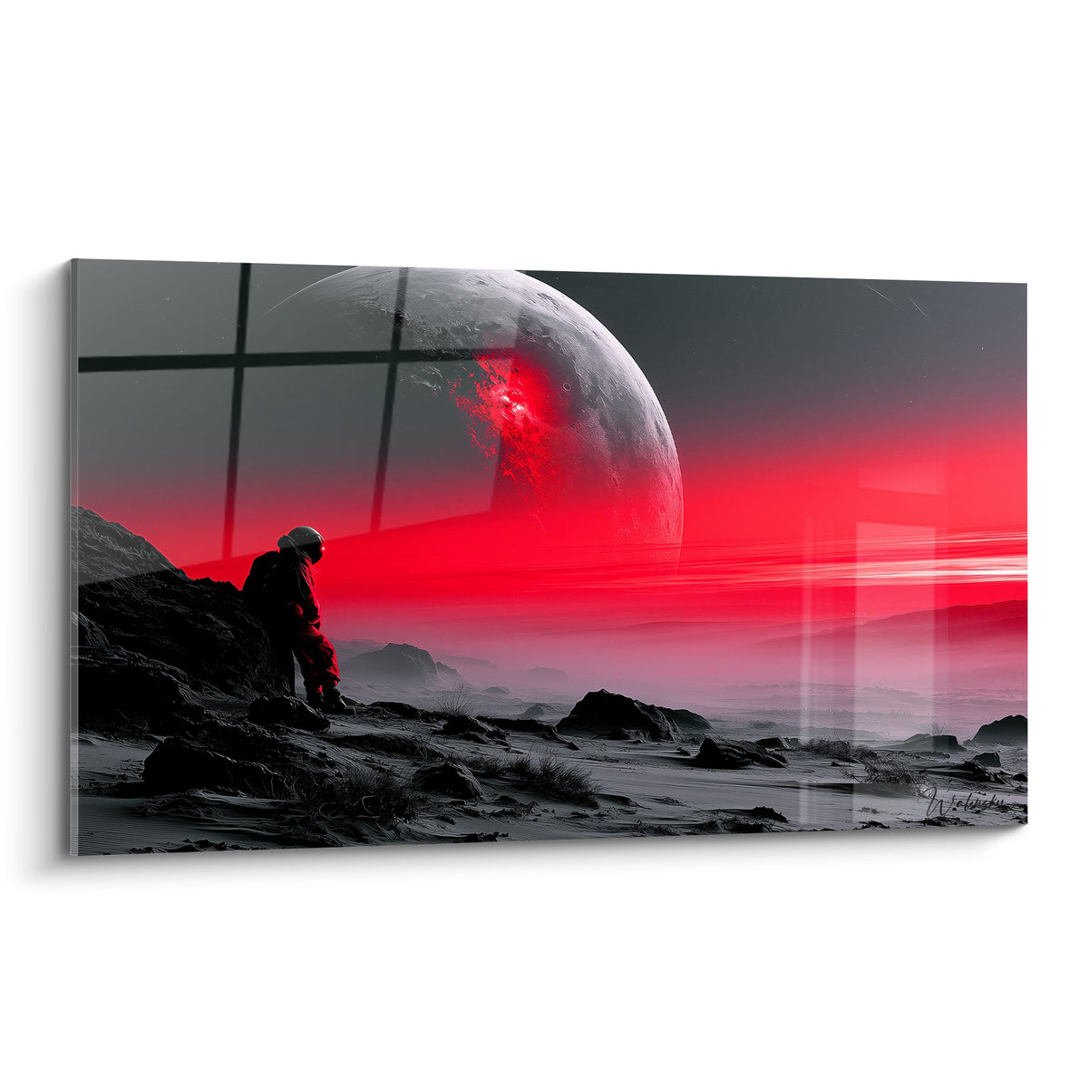 Astronaute assis face à une planète rouge et grise sur un sol rocheux anthracite