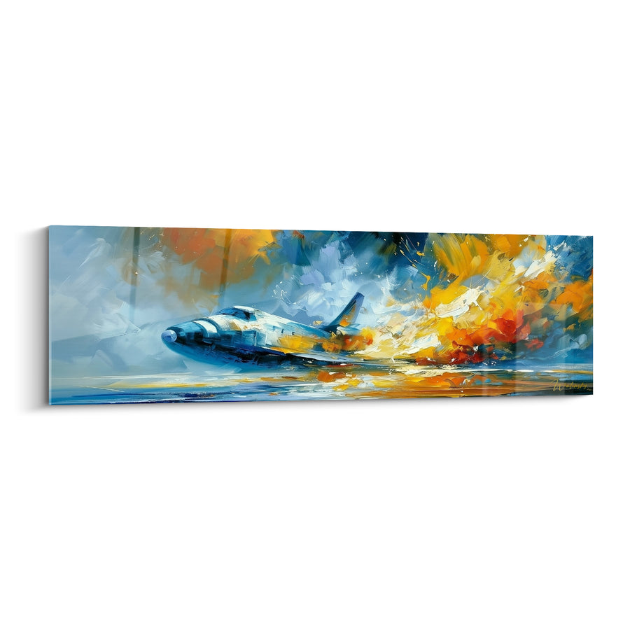 Tableau Avion bleu traversant un embrasement doré - Traversée flamboyante - Edition Planète