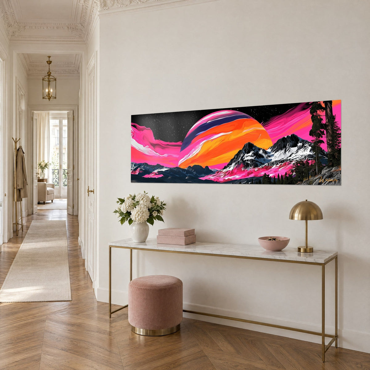 Wall art celestial body with tangerine, violet and fuchsia bands dominating white and black ridges, three-quarter view on a gilded console