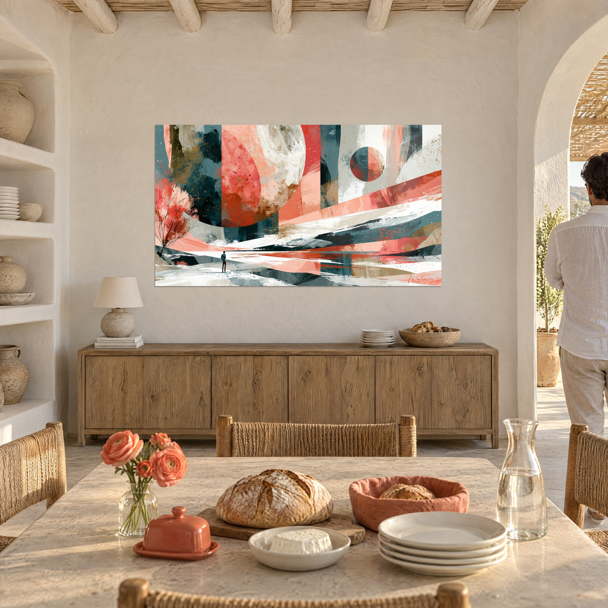 Tableau monde de bandes crème, corail et bleu pétrole, petite lune rouge et ocre, un homme de dos, arche et table à manger rustique