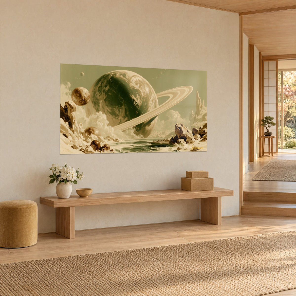 Tableau astre à anneau crème planant sur des falaises givrées, ciel vert sauge et lunes brunes, accroché dans un couloir japandi