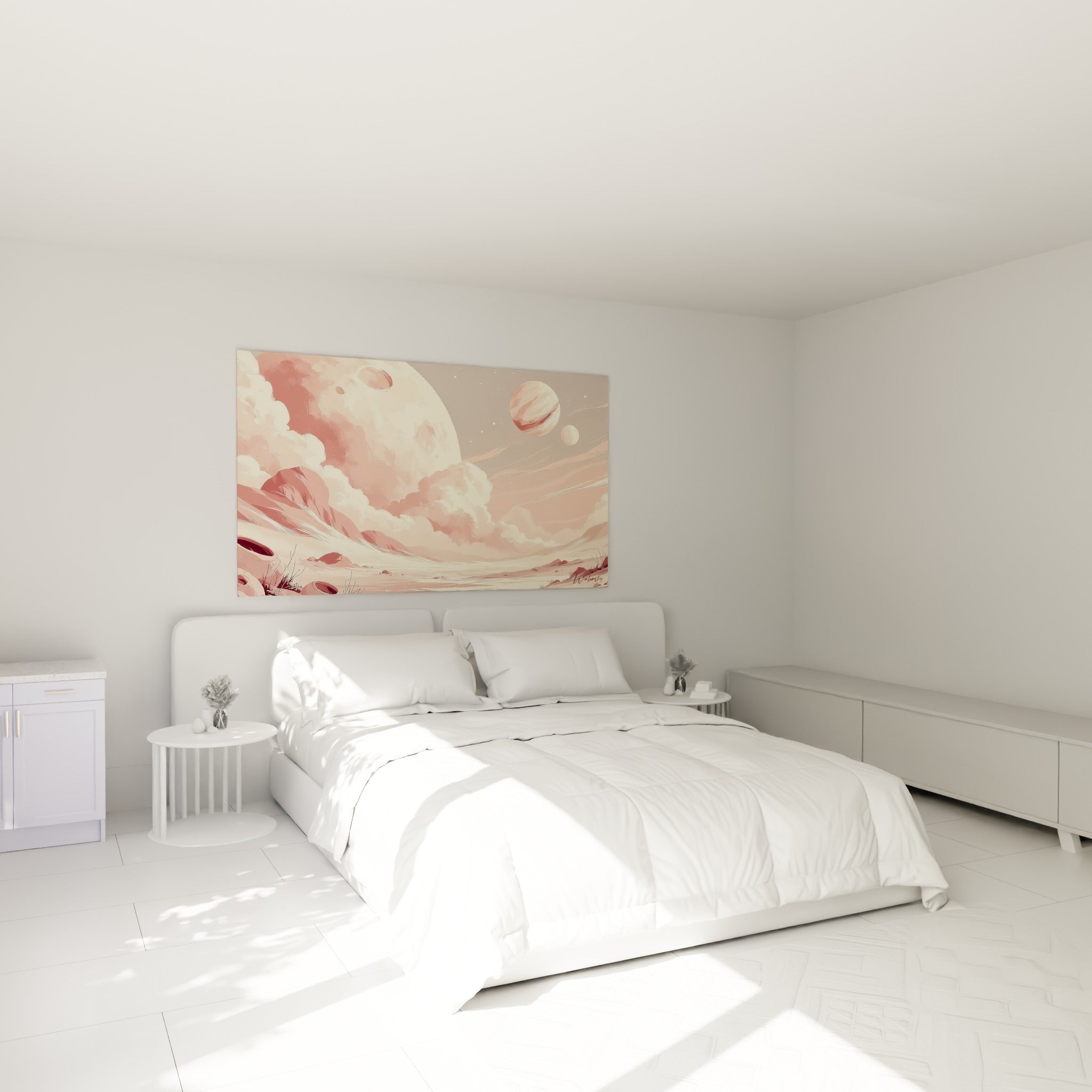 Planète rose pâle et gris perle flottant au-dessus d'un lit dans une chambre claire