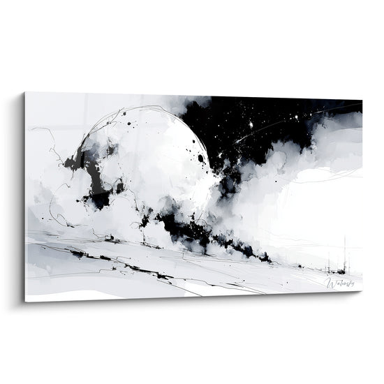 Sphère blanche cerclée de nuées noires encrées, ciel étoilé anthracite, tableau Planète