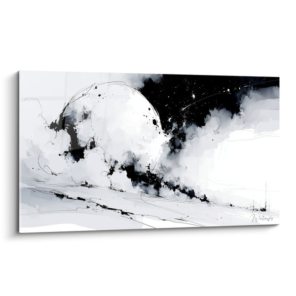 Tableau Sphère blanche et noire aux éclaboussures d'encre - Silhouettes de mâts lointains - Edition Planète