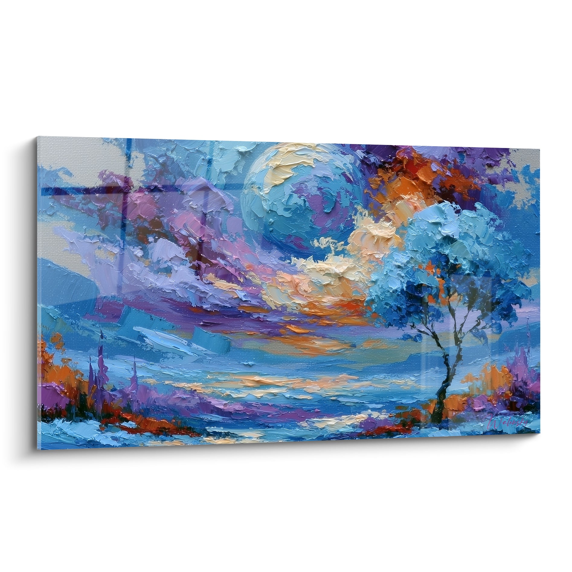 Planète bleue et crème émerge d'un ciel violet et orangé, arbre stylisé bleu à droite de la toile