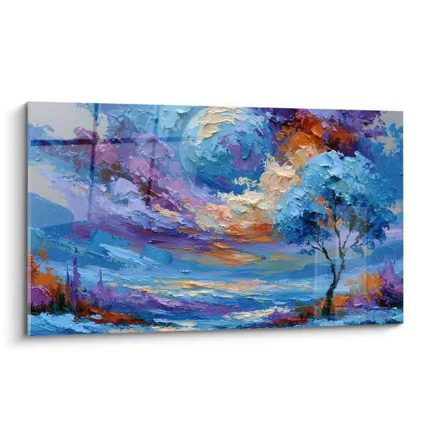 Tableau Planète bleue et mauve au-dessus d'un arbre isolé - Rivage nocturne scintillant - Edition Planète