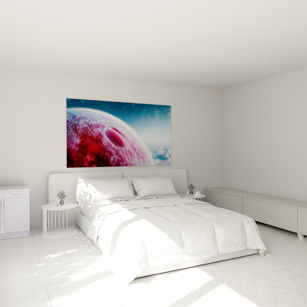 Sphère céleste rouge et bleu glacé, cratère rosé lumineux, au-dessus d'un lit dans une chambre claire