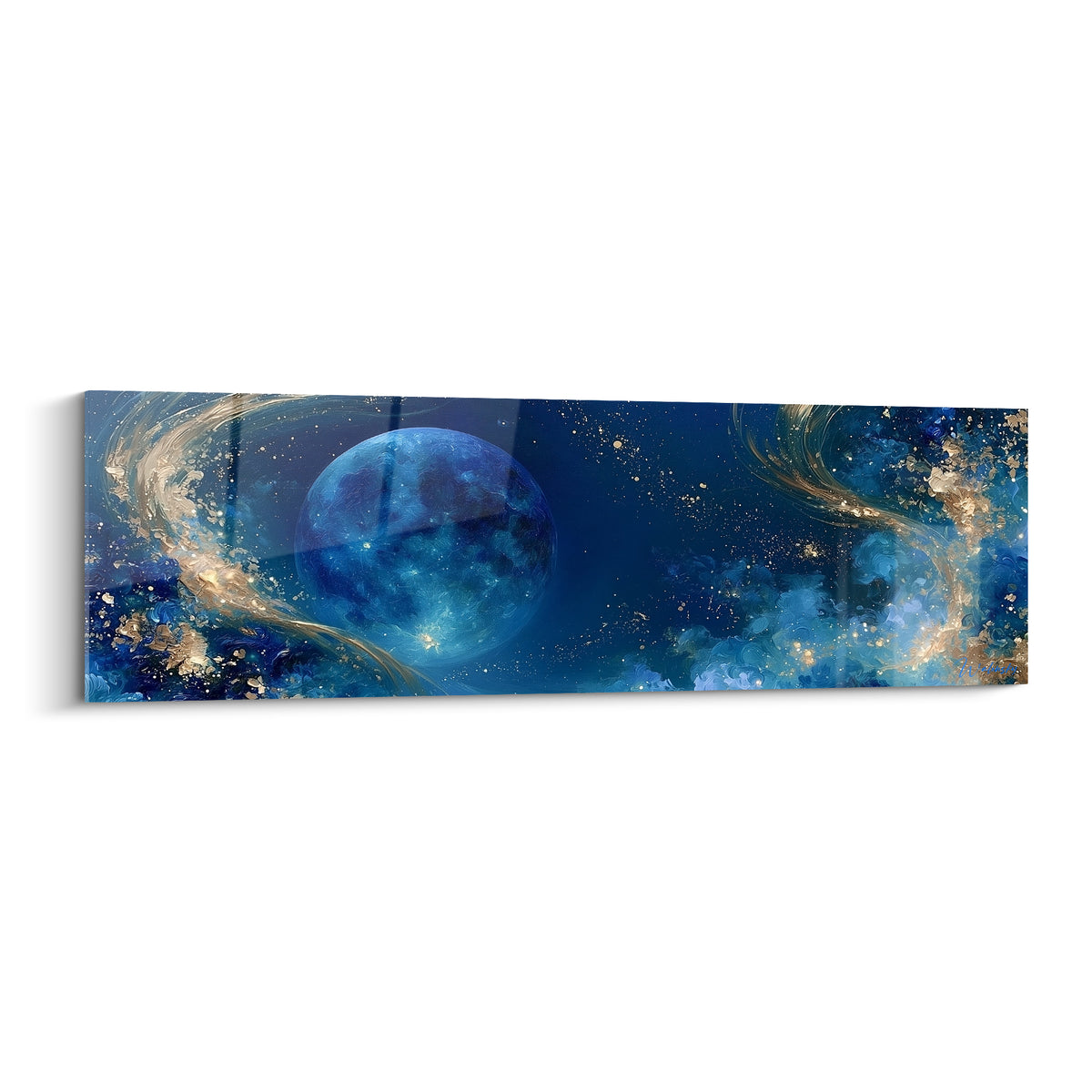 Planète bleu marine texturée entourée de volutes dorées et nuées turquoise sur fond étoilé profond