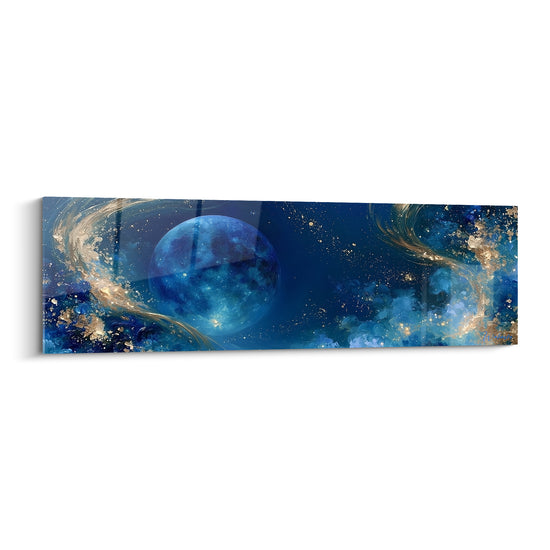 Planète bleu marine texturée entourée de volutes dorées et nuées turquoise sur fond étoilé profond