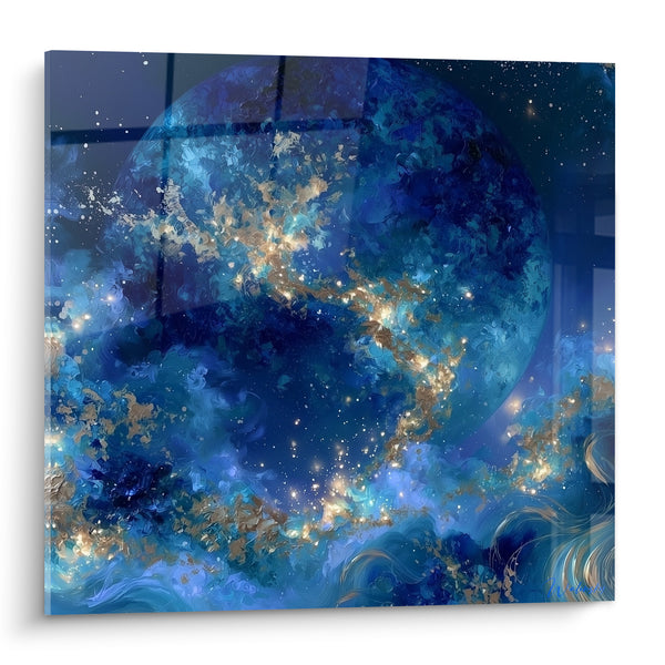Tableau Globe bleu et doré aux nébuleuses lumineuses - Dérive céleste - Edition Planète