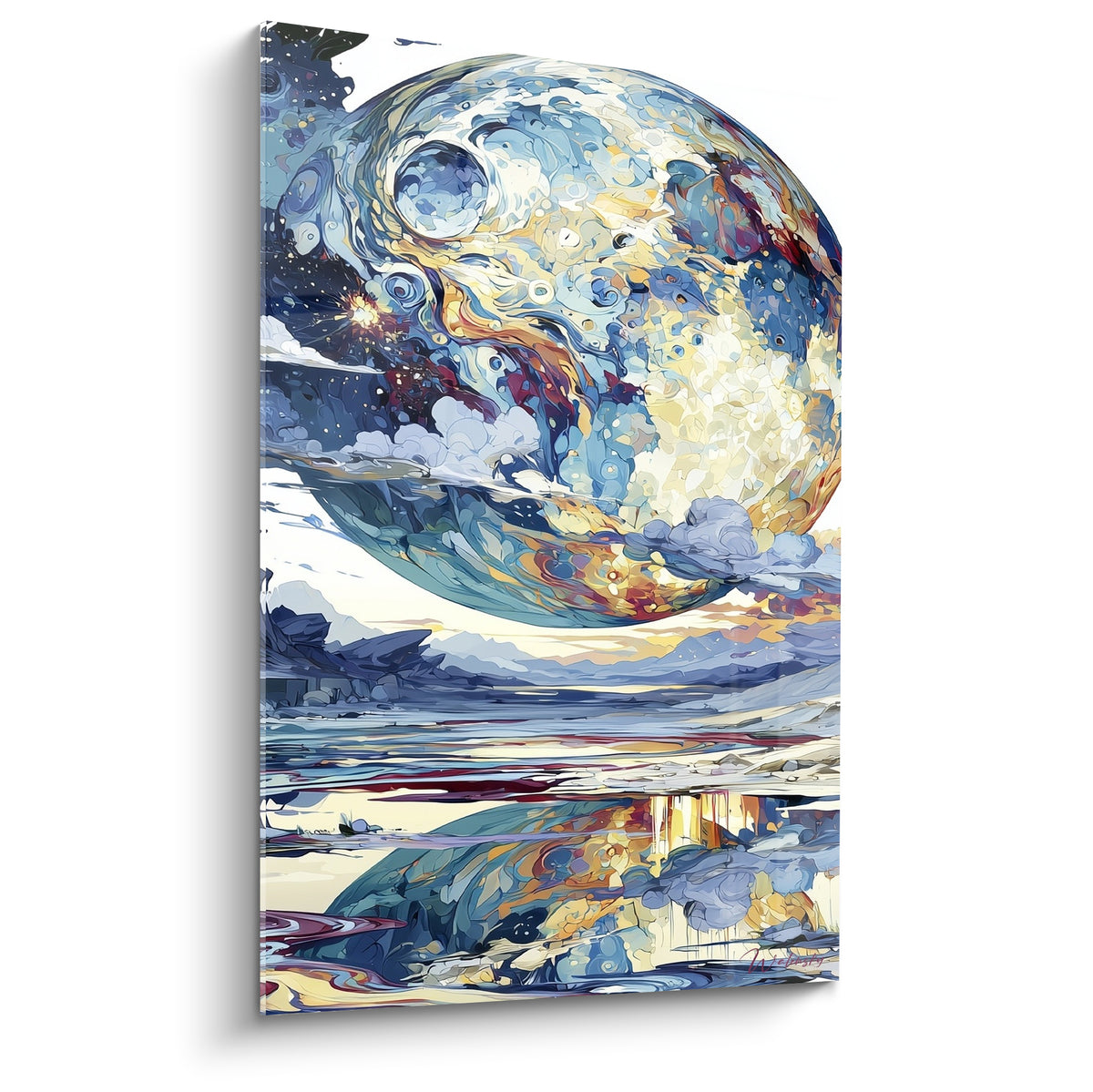Planète bleu marine et dorée aux reflets tourbillonnants, sphère céleste peinte façon aquarelle