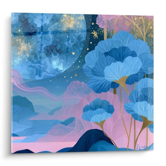 Planète marbrée bleu nuit et doré au-dessus de fleurs bleu ciel géantes sur ciel rose