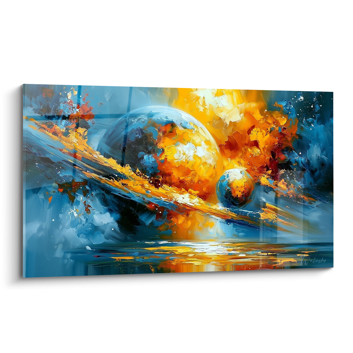 Planète bleu marine et dorée en fusion, empâtements épais orange et jaune sur toile cosmique