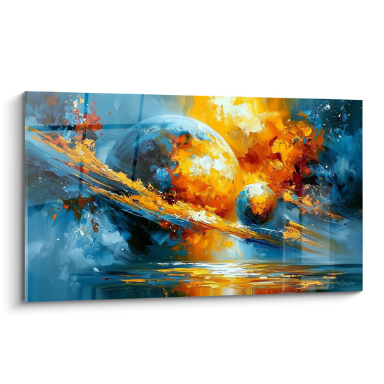 Planète bleu marine et dorée en fusion, empâtements épais orange et jaune sur toile cosmique