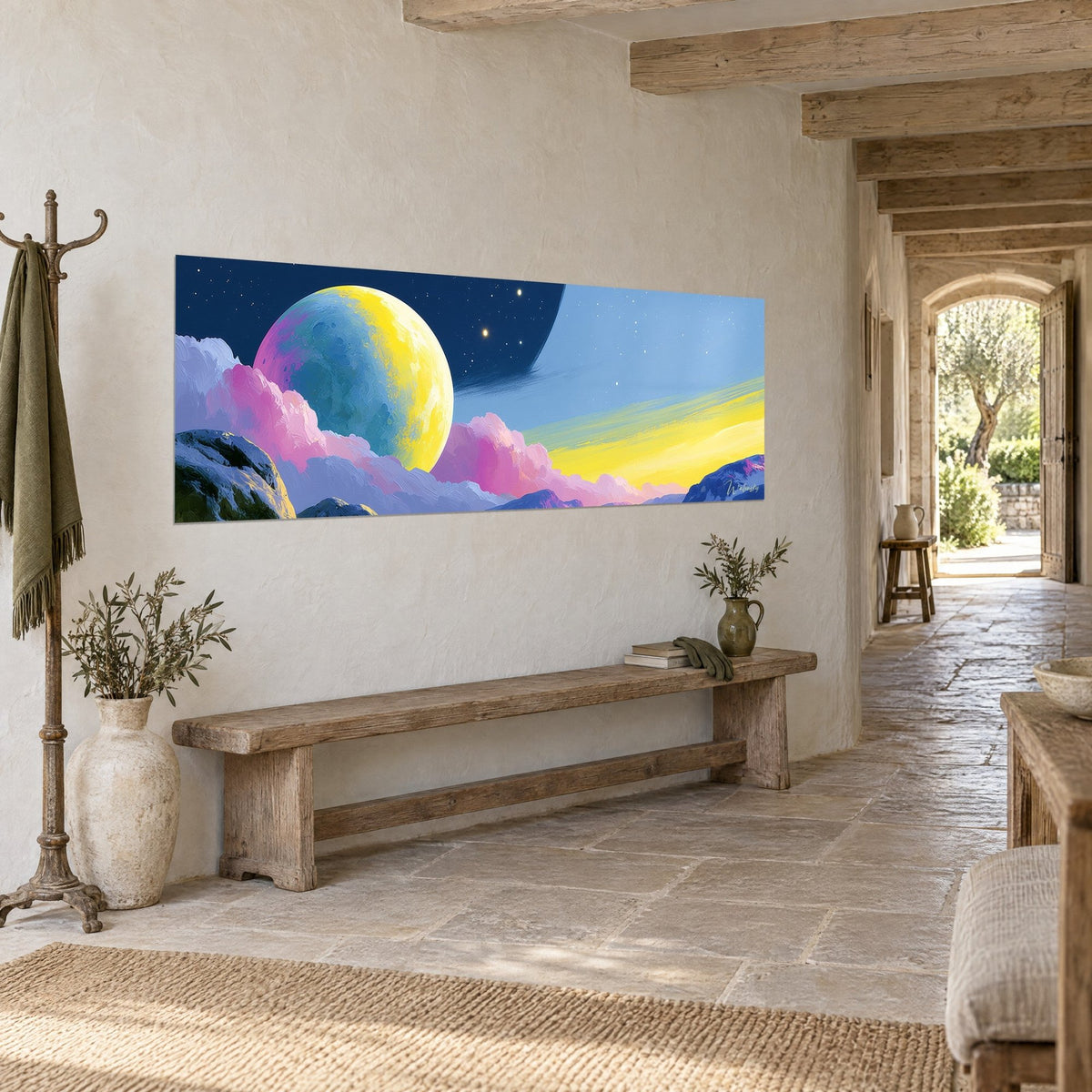 Quadro di un pianeta turchese e limone che emerge da cumuli rosa bubblegum, montagne viola in basso, muro di pietra di una casa di campagna